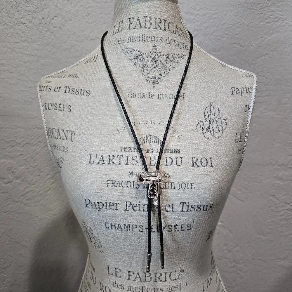Old Country Western Silver & Black Saddle Leather Bolo Neck Tie Made In USA